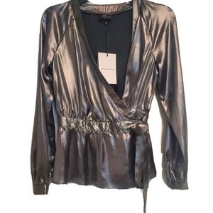 NWT SILVER FOIL WRAP TIE FRONT BLOUSE TOP XS